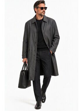 Vintage Alligator Super Gaberdine Mens Black Preppy Trench Coat Plaid Black 42R